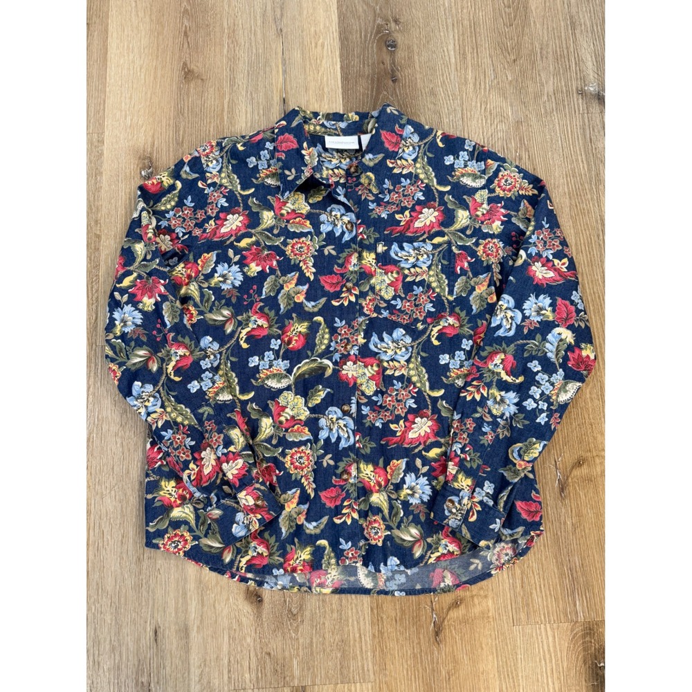 Vintage Liz Claiborne Boho Whimsygoth Floral Button Up Shirt Sz M Blue Denim